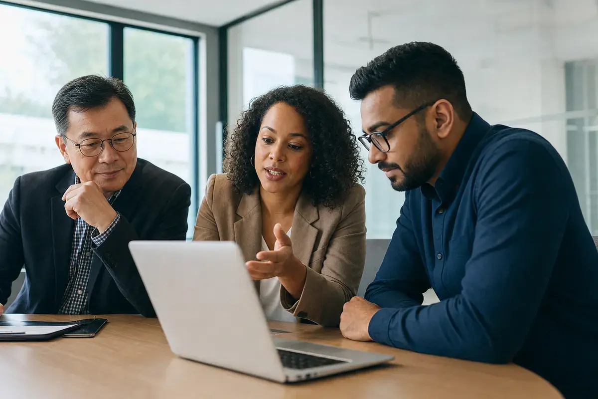 Three colleagues reviewing a candidate's iView Employment Profile together on one laptop