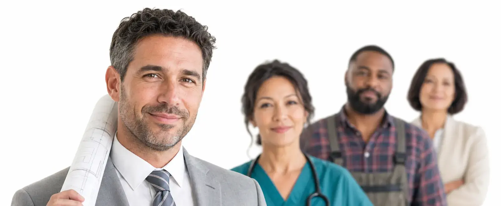 Four professionals standing in a line against a white background: an architect, a nurse, a tradesman and a manager