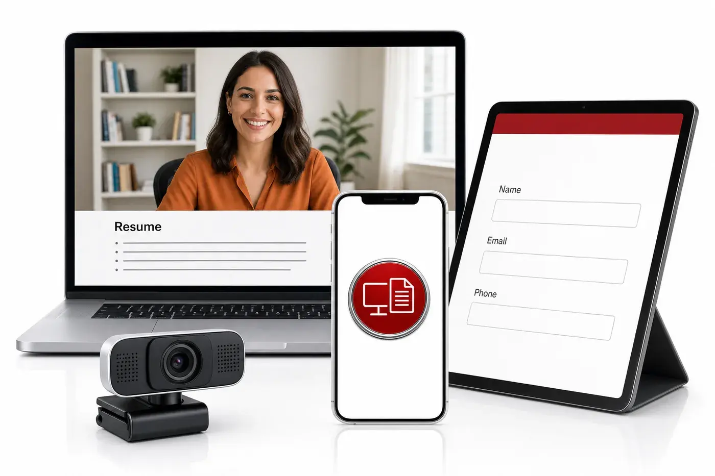 The iView Employment Profile on a laptop, a tablet and a phone: the interview video above the resume, the registration form, and the iView token, with a webcam in front