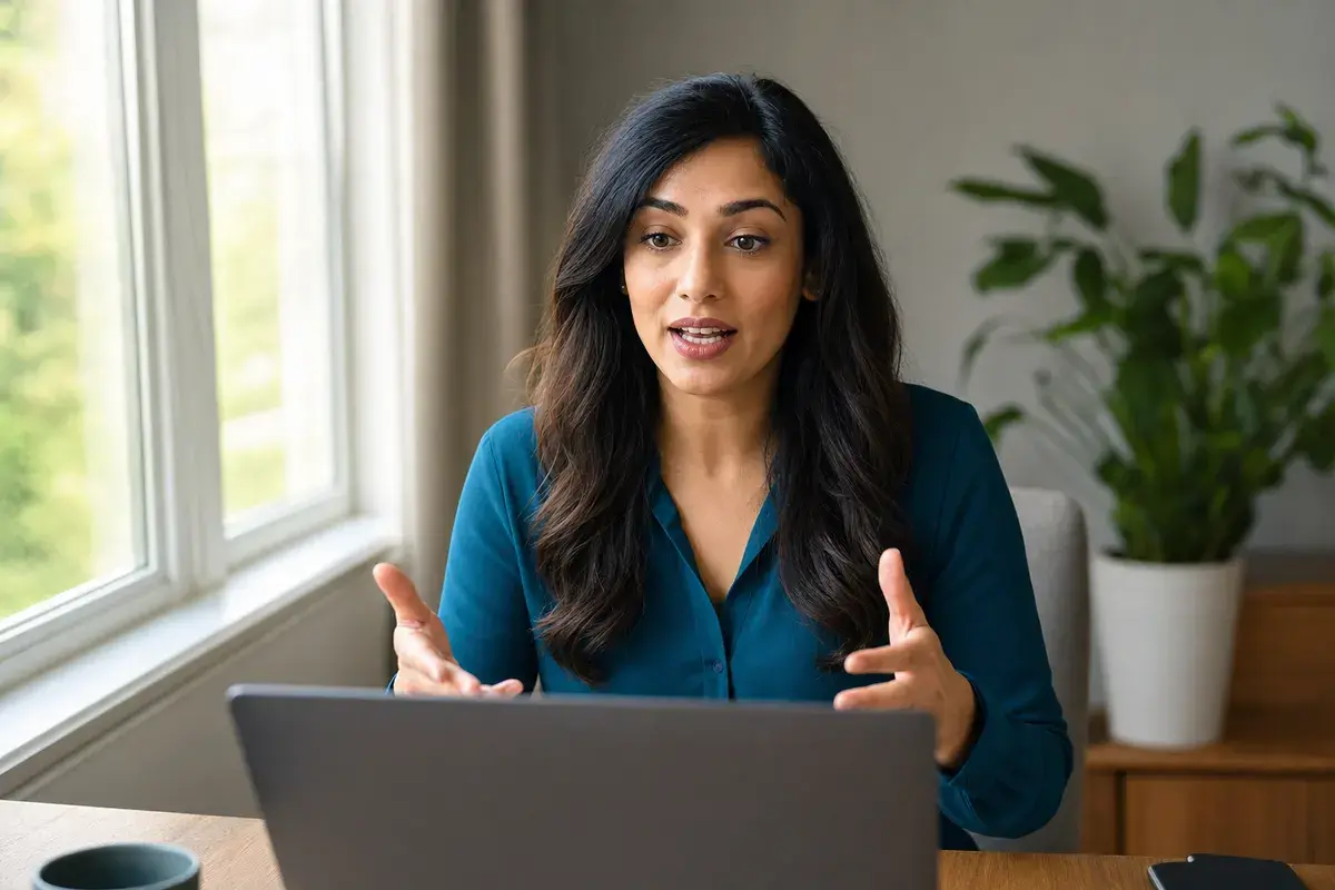 A job seeker recording an answer to an interview question on her laptop at home